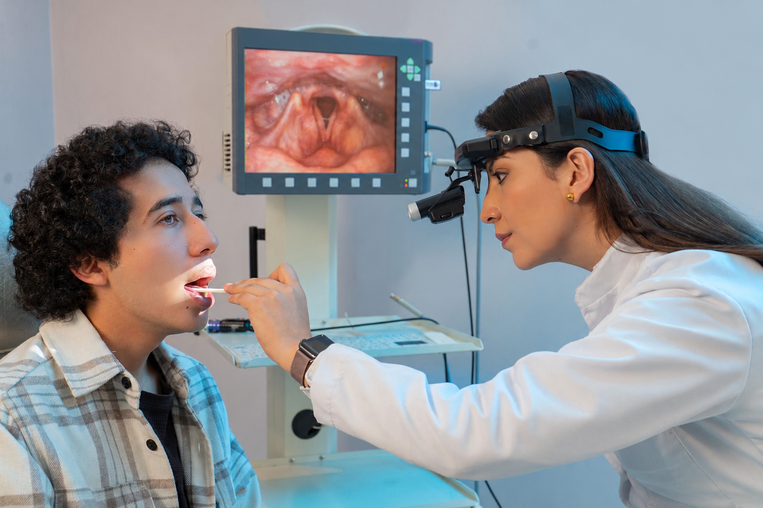 Dra. Karina Alvear realizando estudios otorrinolaringológicos en Quito